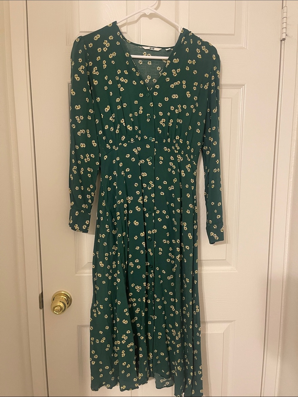 Uniqlo Dark Green Floral Long Sleeve Midi Dress